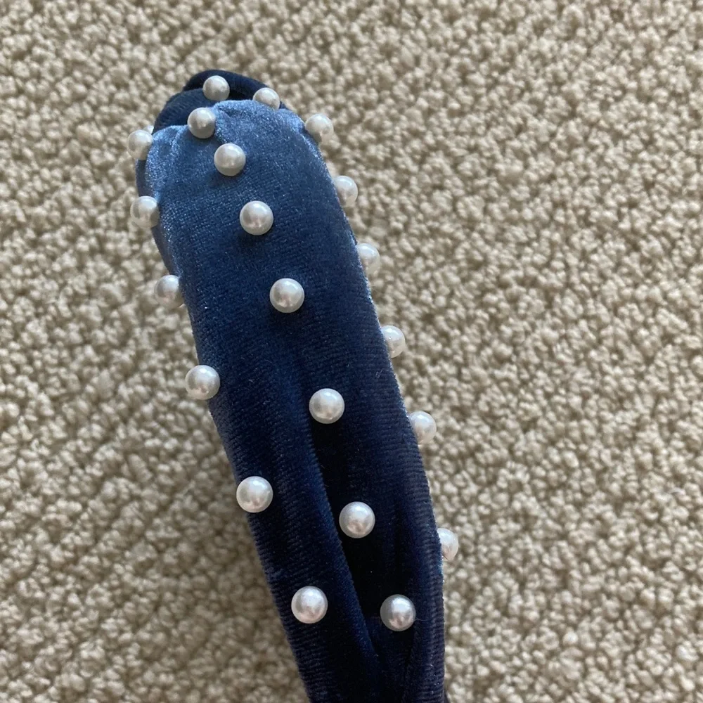 Blue Velvet Headband with Faux Pearls